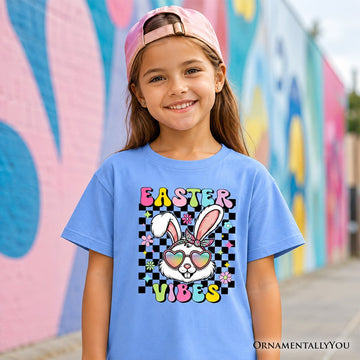 Kids Retro Easter Bunny Sunglasses T-Shirt, Groovy Youth Checkered Tee Kid's T-Shirts OrnamentallyYou 