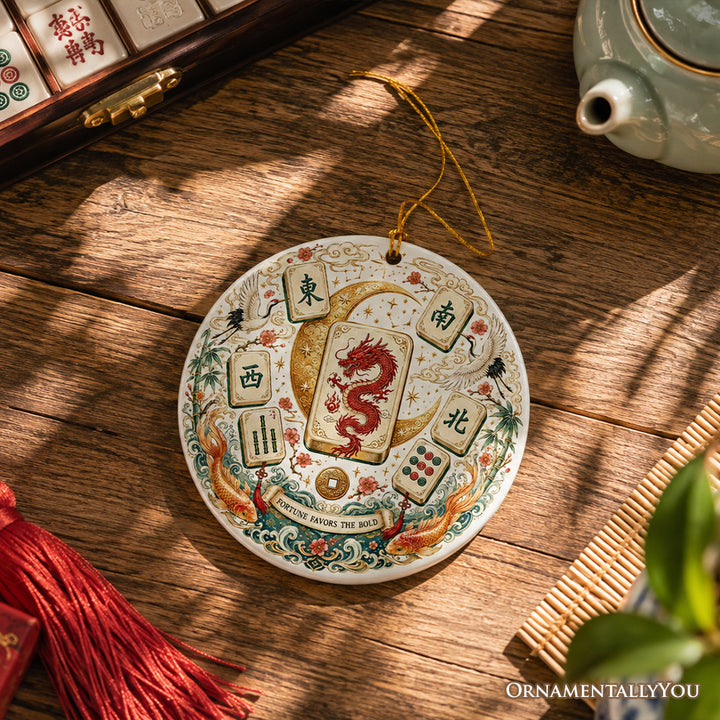 Artistic Mahjong Social Club and Dragon Tiles Ornament, Retro Chinese Table Game Holiday Keepsake