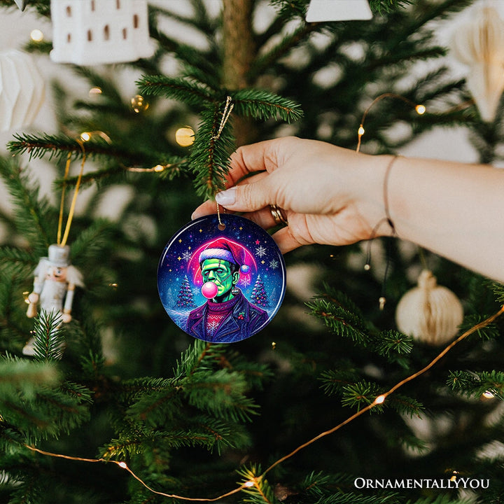Frankenstein Christmas Vaporwave Ornament, Retro Neon Holiday Gift and Tree Decor Ceramic Ornament OrnamentallyYou 