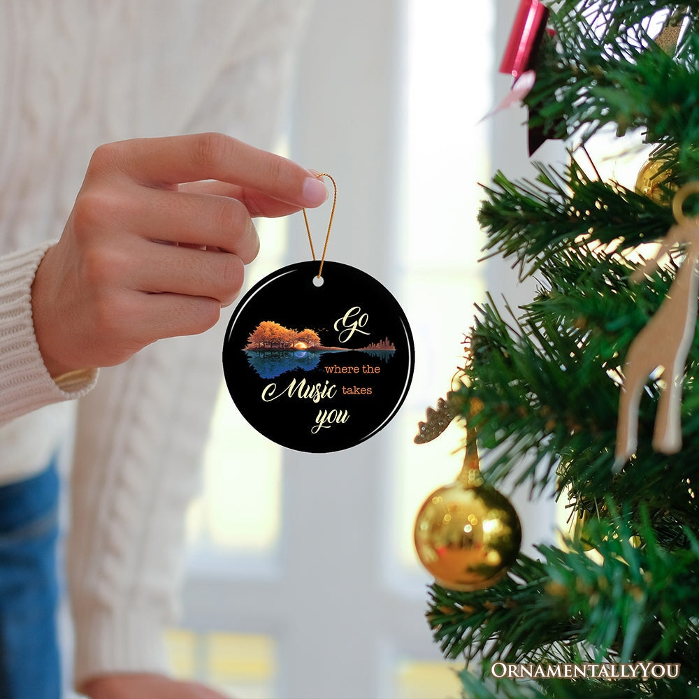 Go Where The Music Takes You Ornament, Guitar Reflection Musician Gift and Tree Decor Ceramic Ornament OrnamentallyYou 