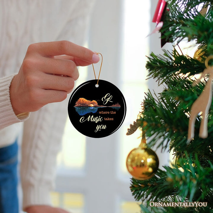Go Where The Music Takes You Ornament, Guitar Reflection Musician Gift and Tree Decor Ceramic Ornament OrnamentallyYou 