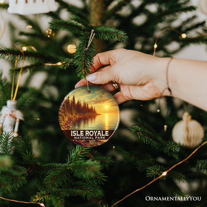 Golden Isle Royale National Park Ornament, Michigan Lake Superior Sunset Shoreline Christmas Gift and Remote Island Wilderness Keepsake Ceramic Ornament OrnamentallyYou 