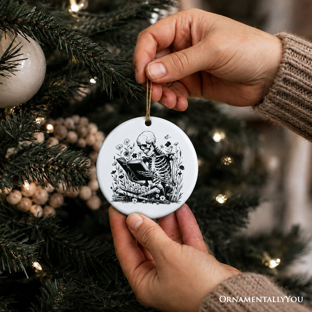 Gothic Reading Skeleton Ornament, Spooky Bookworm Floral Halloween Tree Decor