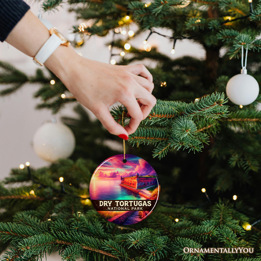 Vibrant Dry Tortugas National Park Ornament, Florida Coastal Fort and Sunset Seascape Christmas Gift and Tropical Travel Souvenir