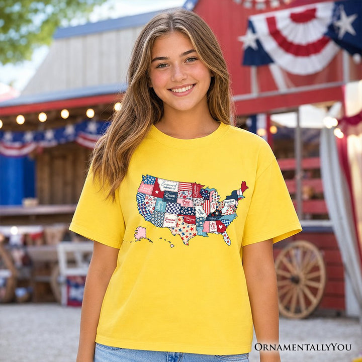 Kids Patriotic Patchwork USA T-Shirt, Quilted Map Youth Tee for American Fans Kid's T-Shirts OrnamentallyYou 
