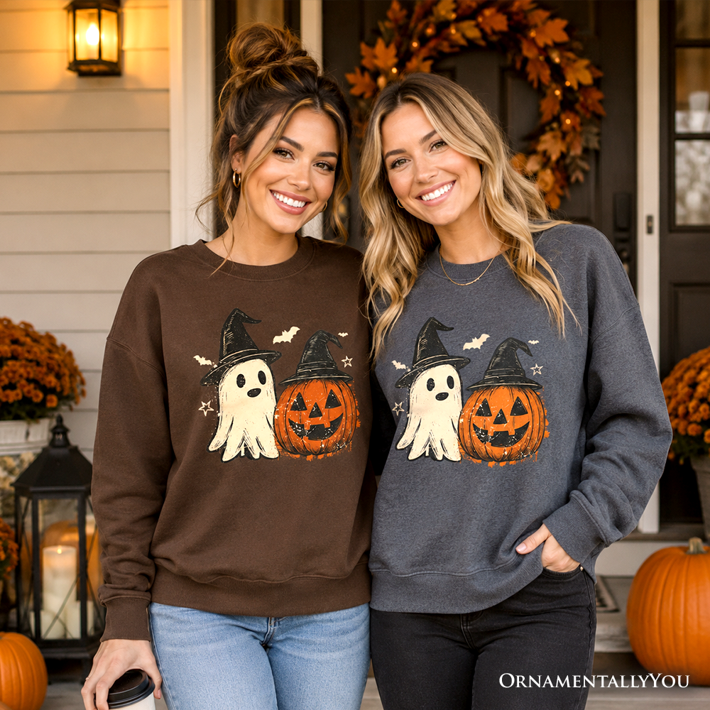 Witch Hat Ghost and Pumpkin Sweatshirt, Vintage Halloween Jack O' Lantern Sweater