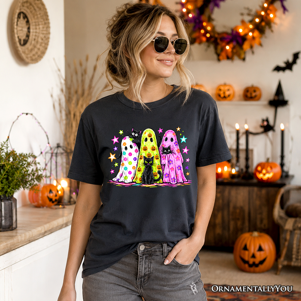 Colorful Ghosts and Black Cats T-Shirt, Neon Halloween Spooky Season Tee
