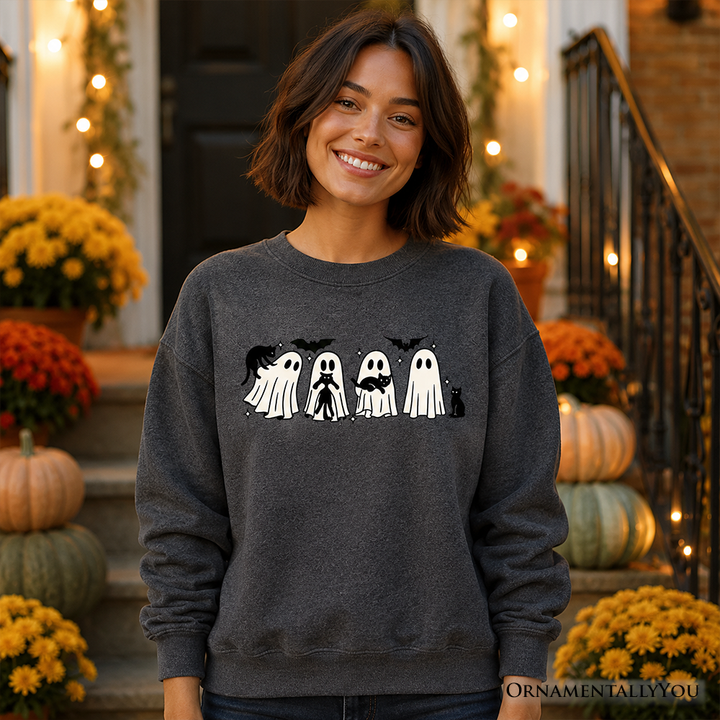 Ghosts and Cats Spooky Sweatshirt, Whimsical Halloween Sweater for Cozy Autumn Season