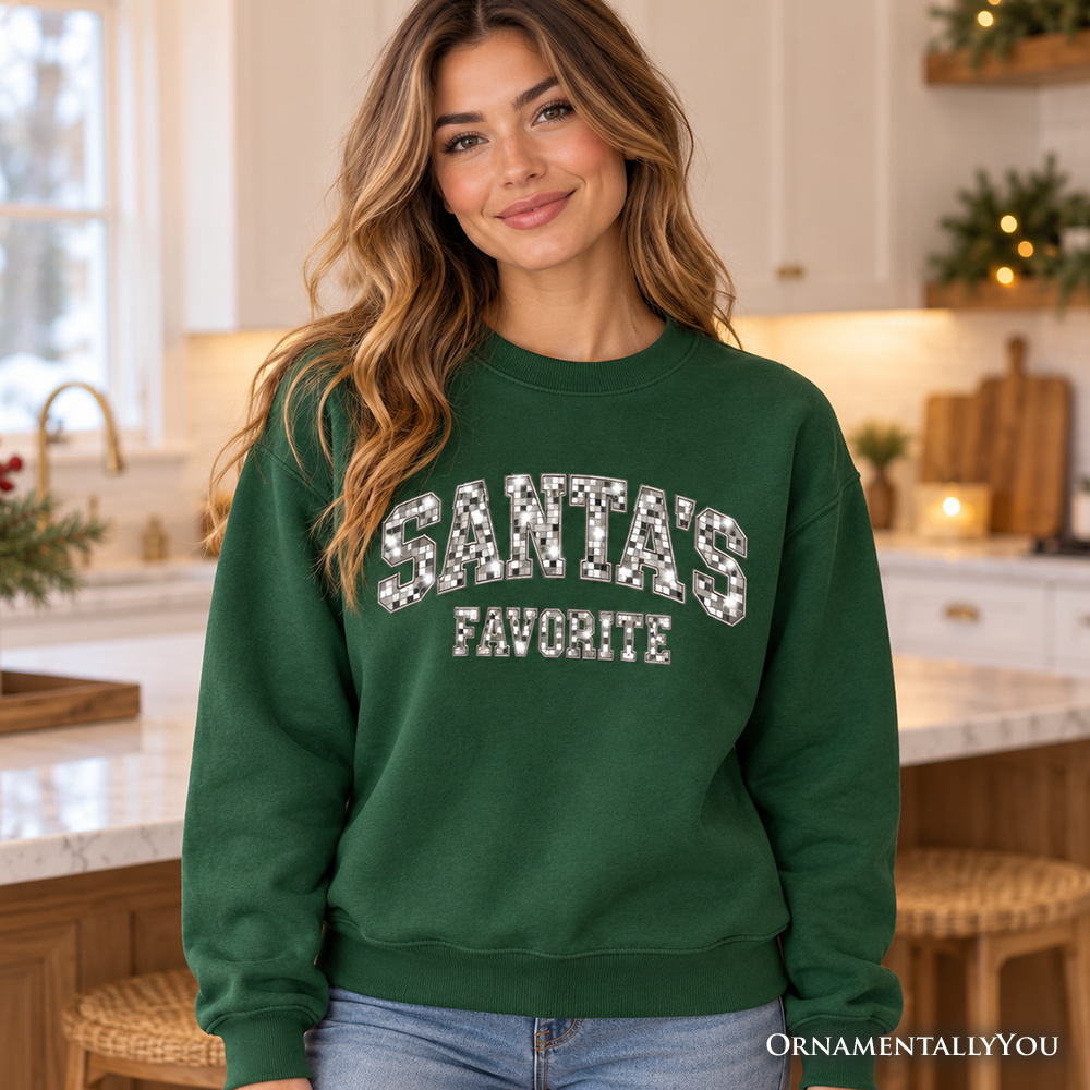 Santa's Favorite Faux Mirrored Christmas Sweatshirt, Disco Sparkle Holiday Sweater