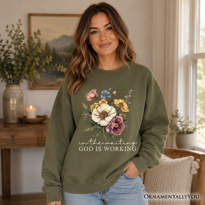 In the Waiting God Is Working Floral Christian Sweatshirt, Vintage Wildflower Faith Sweater