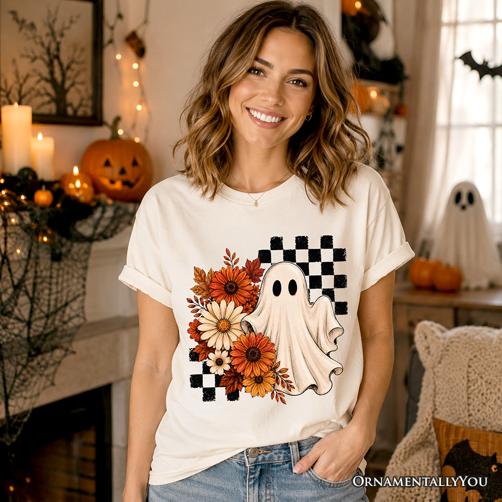 Checkered Floral Ghost T-Shirt, Vintage Fall Halloween Daisy Tee