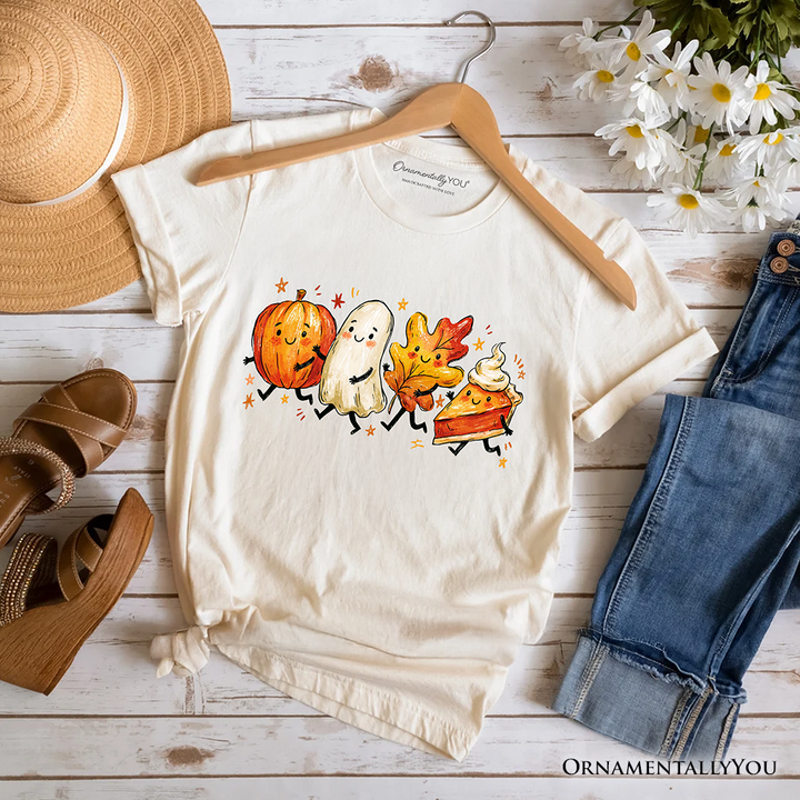 Cute Fall Characters T-Shirt, Pumpkin Ghost Leaf Pie Autumn Tee