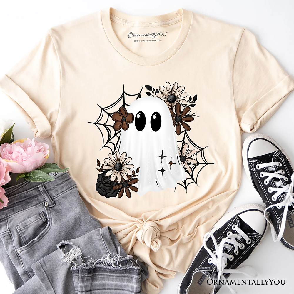 Floral Ghost T-Shirt, Neutral Boho Halloween Spider Web Tee