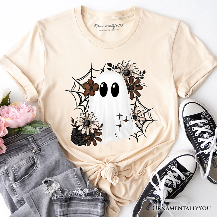 Floral Ghost T-Shirt, Neutral Boho Halloween Spider Web Tee