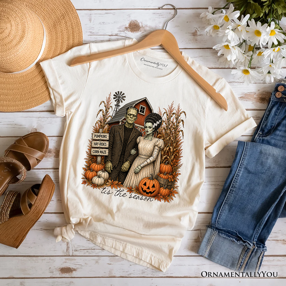Frankenstein Couple Pumpkin Patch T-Shirt, Vintage Halloween Fall Festival Tee