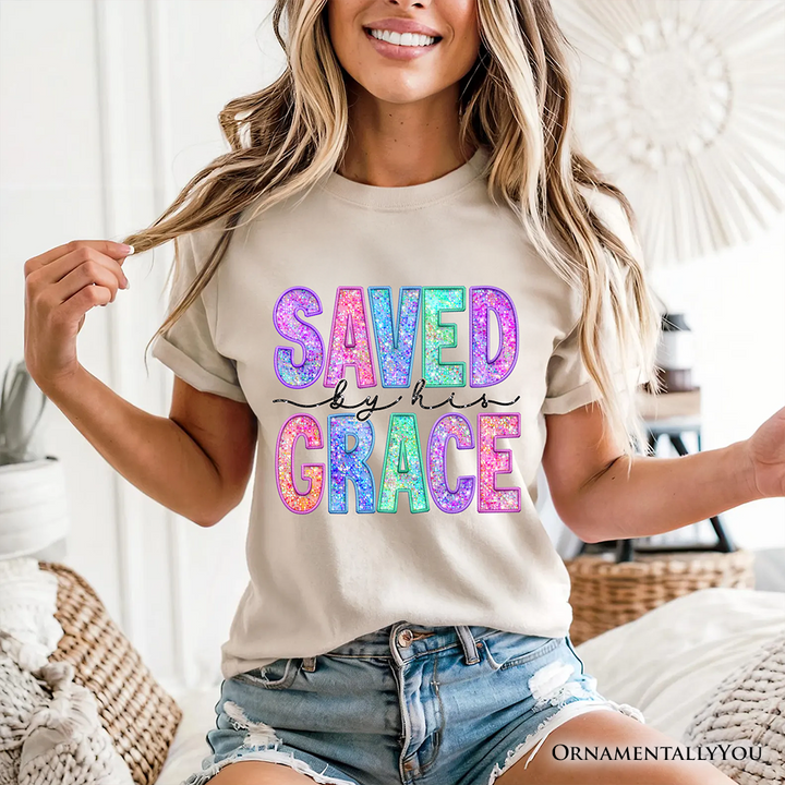 Saved By His Grace Printed Faux Sequin Christian T-Shirt, Religious Love Tee