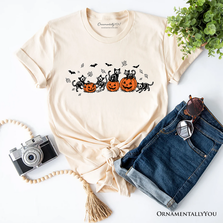 Skeleton Cats and Pumpkins T-Shirt, Spooky Halloween Black Cat Tee