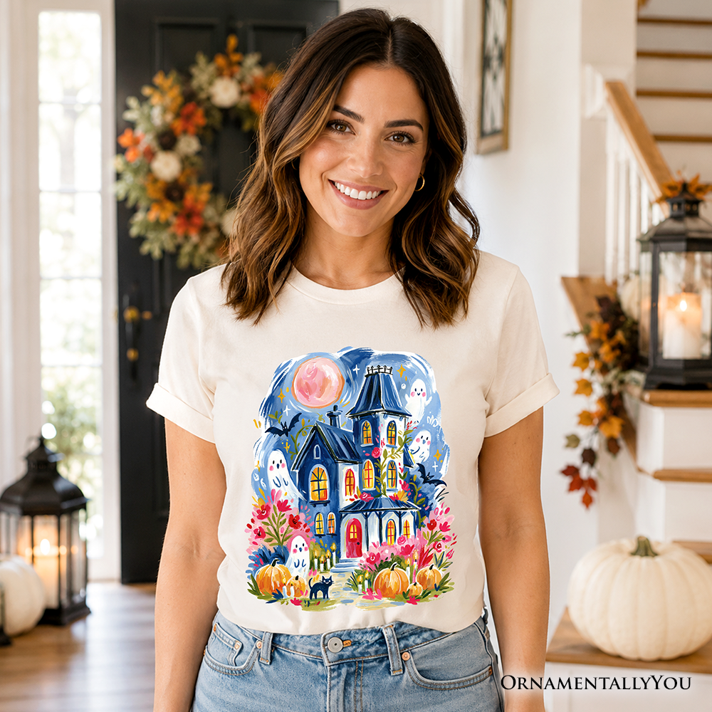 Watercolor Haunted House T-Shirt, Colorful Ghost Pumpkin Halloween Tee