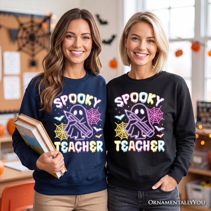 Spooky Teacher Neon Ghost Sweatshirt, Retro Halloween Sweater for Educators
