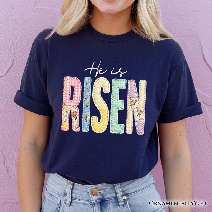 He Is Risen Printed Faux Embroidered Christian T-Shirt, Cute Religious Flowers Tee
