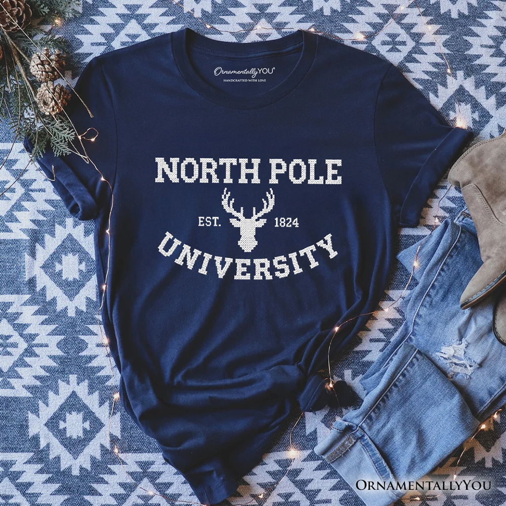 North Pole University Faux Cross Stitch Christmas T-Shirt, Winter Holiday Tee