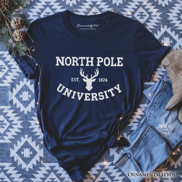 North Pole University Faux Cross Stitch Christmas T-Shirt, Winter Holiday Tee