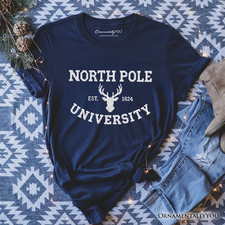 North Pole University Faux Cross Stitch Christmas T-Shirt, Winter Holiday Tee