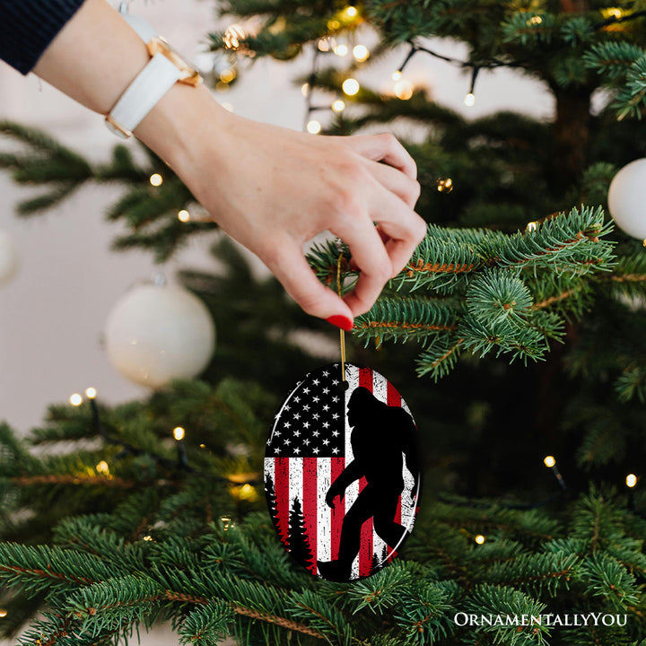 Bigfoot American Flag Ornament, Patriotic Sasquatch Gift and Tree Decor