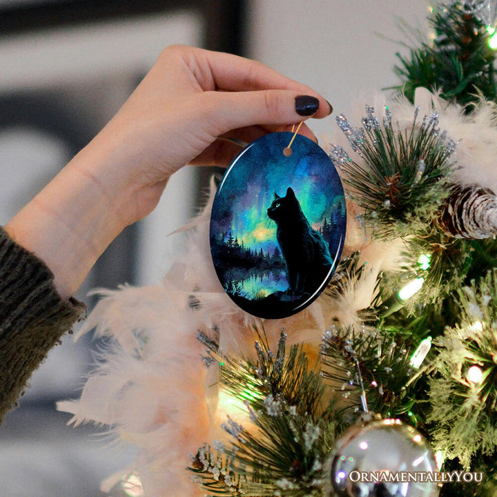 Mystic Aurora Cat Ceramic Ornament, Northern Lights Feline Gift and Tree Decor Ceramic Ornament OrnamentallyYou 