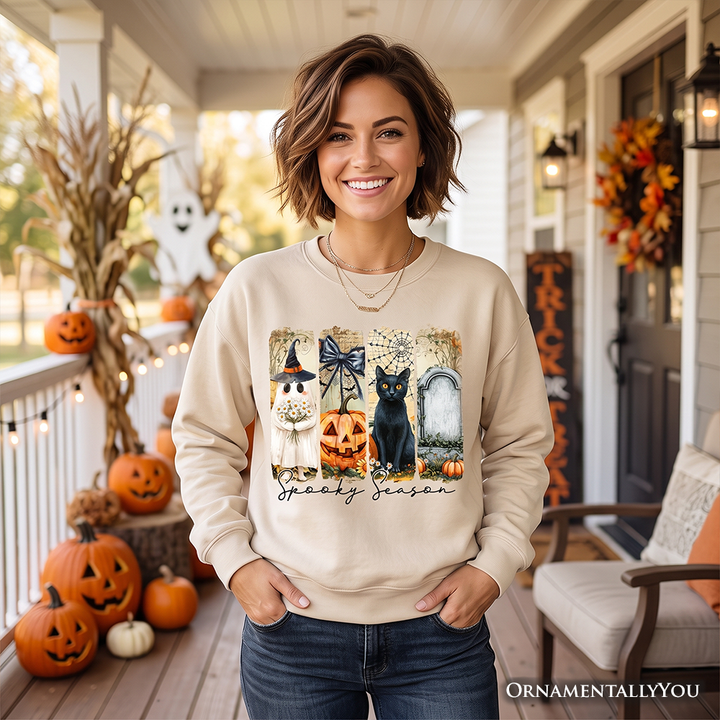 Fall Spooky Season Brushstroke Sweatshirt, Coquette Vintage Ghost, Cat and Pumpkin Sweater