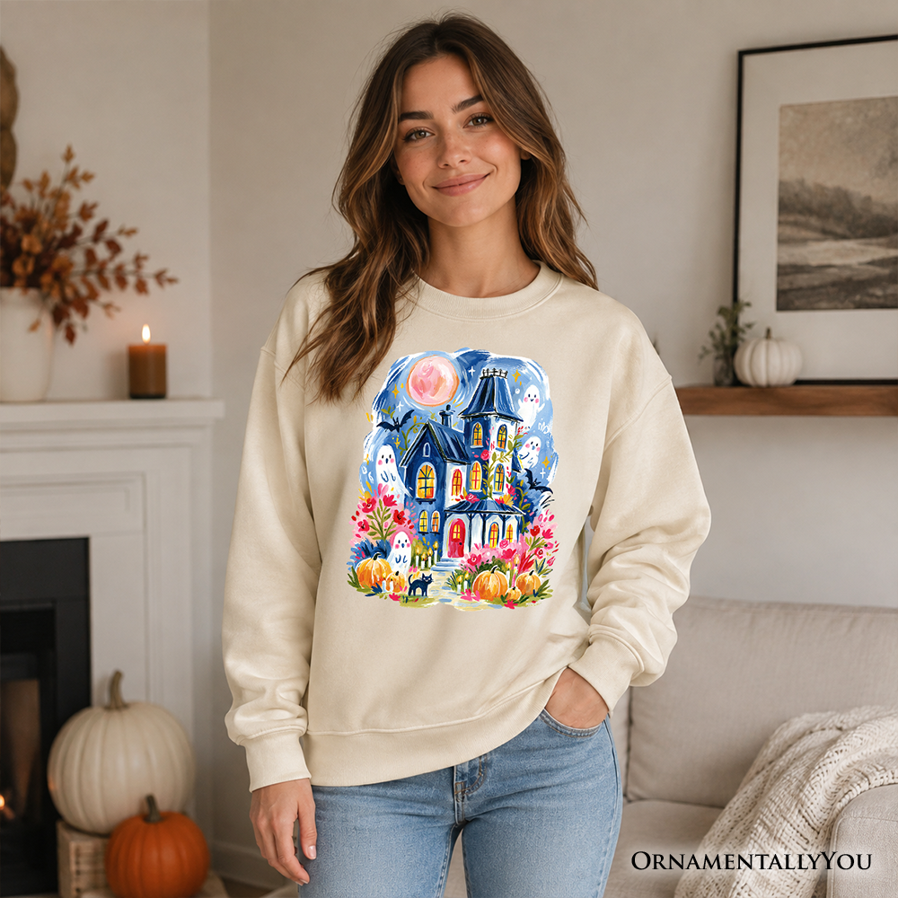 Watercolor Haunted House Sweatshirt, Colorful Ghost Pumpkin Halloween Sweater