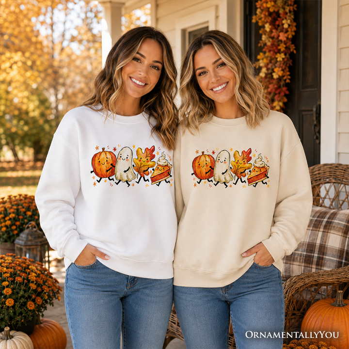 Cute Fall Characters Sweatshirt, Pumpkin Ghost Leaf Pie Autumn Sweater
