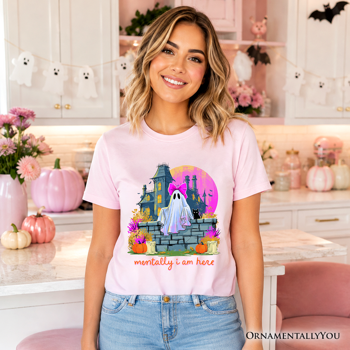 Mentally I Am Here Ghost T-Shirt, Pink Bow Haunted House Halloween Tee
