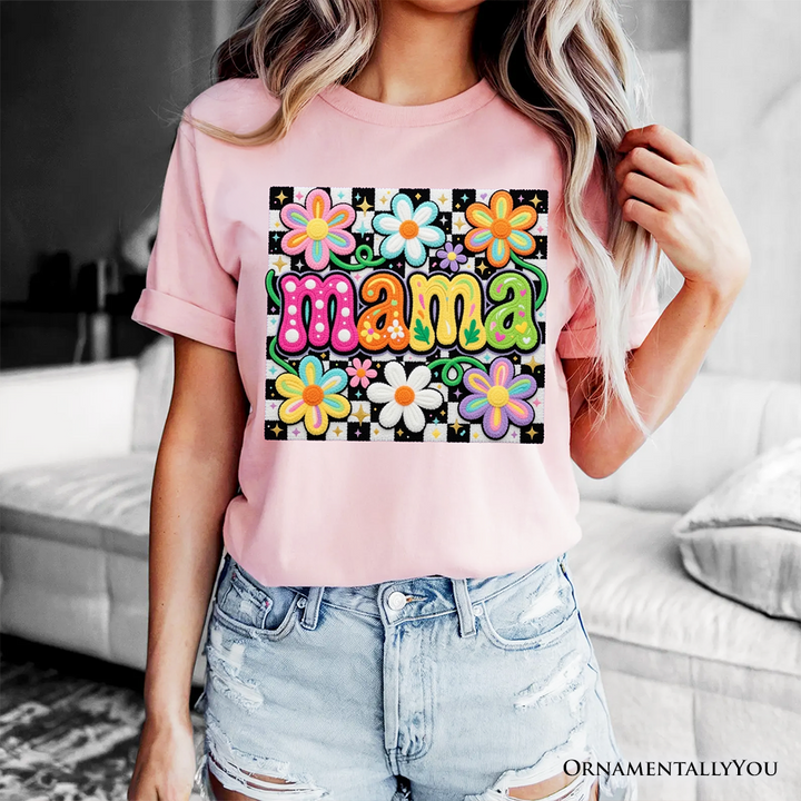 Retro Floral Mama Printed Faux Yarn T-Shirt, Colorful Mother's Day Tee