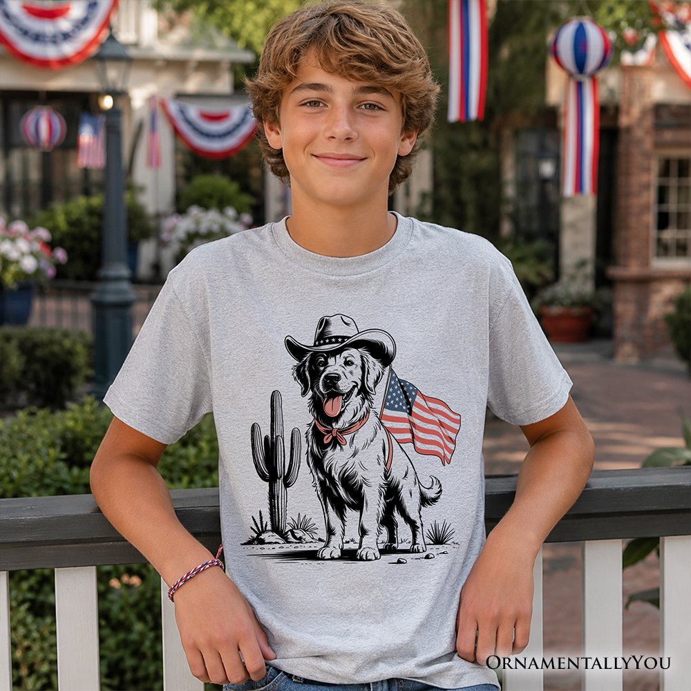 Kids American Cowboy Dog T-Shirt, Western Youth 4th of July Tee for Pet Lovers Kid's T-Shirts OrnamentallyYou 