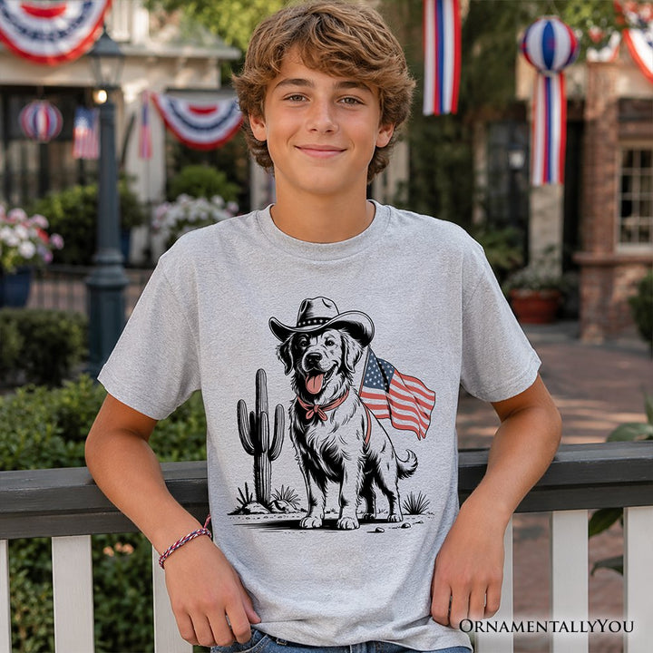 Kids American Cowboy Dog T-Shirt, Western Youth 4th of July Tee for Pet Lovers Kid's T-Shirts OrnamentallyYou 