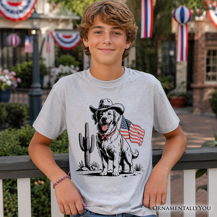 Kids American Cowboy Dog T-Shirt, Western Youth 4th of July Tee for Pet Lovers