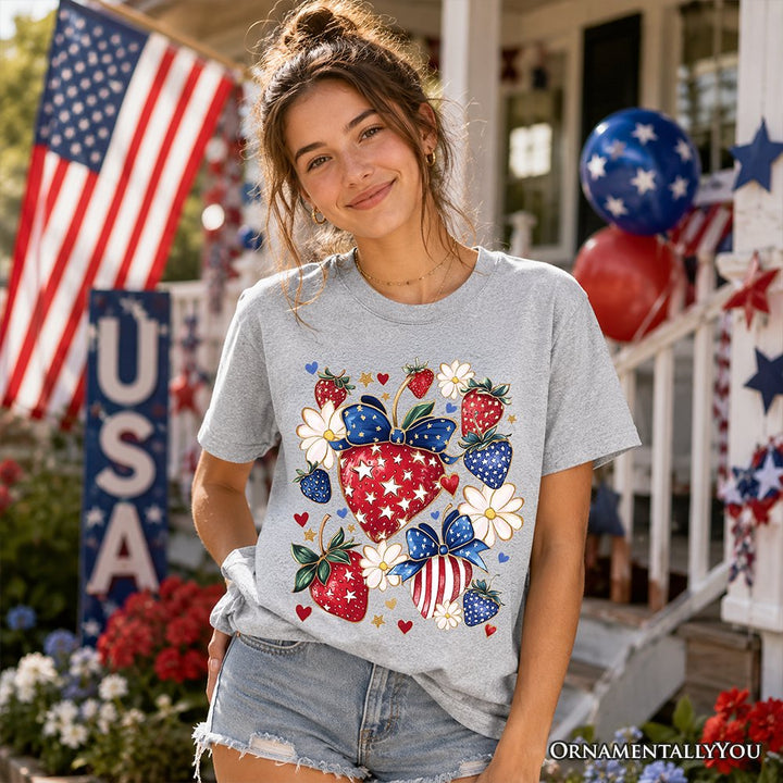Kids Patriotic Boho Strawberries Bouquet T-Shirt, Youth 4th of July Festive Patch Tee Kid's T-Shirts OrnamentallyYou 