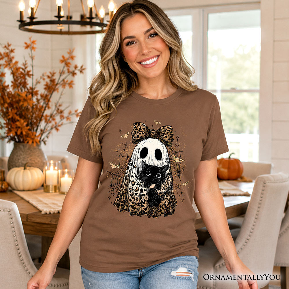 Leopard Bow Ghost with Black Cat T-Shirt, Spooky Halloween Spider Web Tee