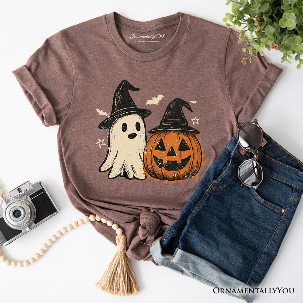 Witch Hat Ghost and Pumpkin T-Shirt, Vintage Halloween Jack O’ Lantern Tee