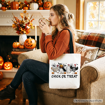 Chick or Treat Spooky Tote Bag, Halloween Chicken Gift Shopper for Country Life Enjoyers
