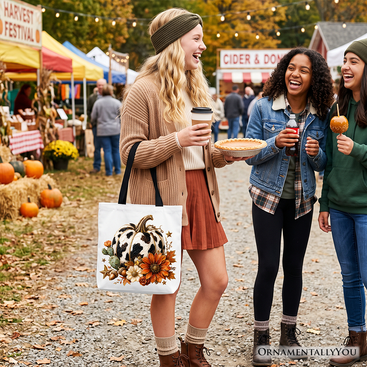 Cow Pumpkin Floral Tote Bag, Western Autumn Harvest Gift Shopper