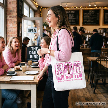 Faith Over Fear Breast Cancer Christian Tote Bag, Pink Ribbon Awareness Gift Shopper Tote Bag OrnamentallyYou 