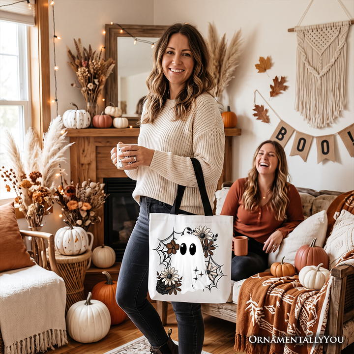 Floral Ghost Tote Bag, Neutral Boho Halloween Spider Web Gift Shopper