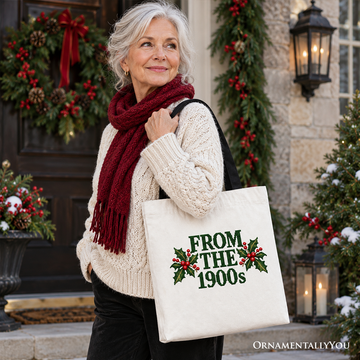 From the 1900s Faux Cross Stitch Christmas Tote Bag, Holly Retro Holiday Gift Shopper