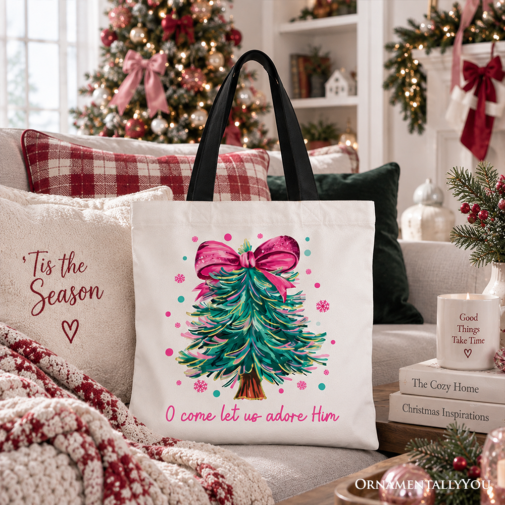 Glitter Christmas Tree Coquette Bow Tote Bag, O Come Let Us Adore Him Holiday Gift Shopper
