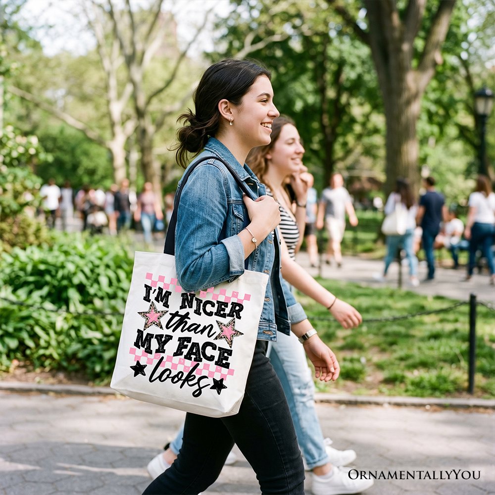 I’m Nicer Than My Face Looks Sarcastic Tote Bag, Relatable Checkered Gift Shopper Tote Bag OrnamentallyYou 