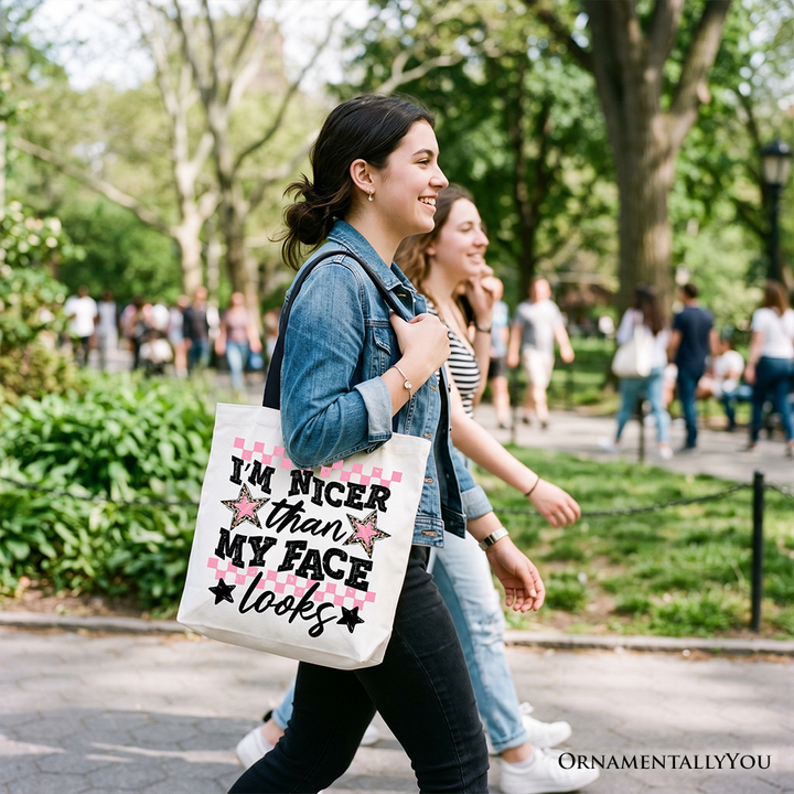 I’m Nicer Than My Face Looks Sarcastic Tote Bag, Relatable Checkered Gift Shopper