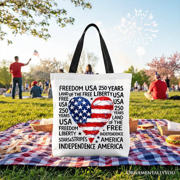 USA 250 Heart Patriotic Tote Bag, Retro 4th of July Gift Shopper Tote Bag OrnamentallyYou Black Handle 