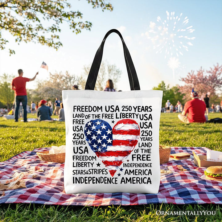 USA 250 Heart Patriotic Tote Bag, Retro 4th of July Gift Shopper Tote Bag OrnamentallyYou Black Handle 